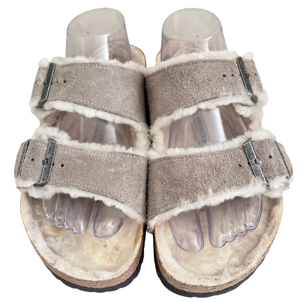 Birkenstock Arizona Grey Suede Shearling Sandals Fluffy Slip On Open Buckle 40